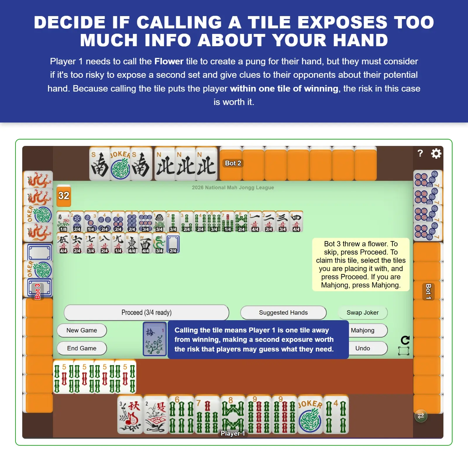 Example of deciding whether calling a tile exposes too much info about your American Mah Jongg hand