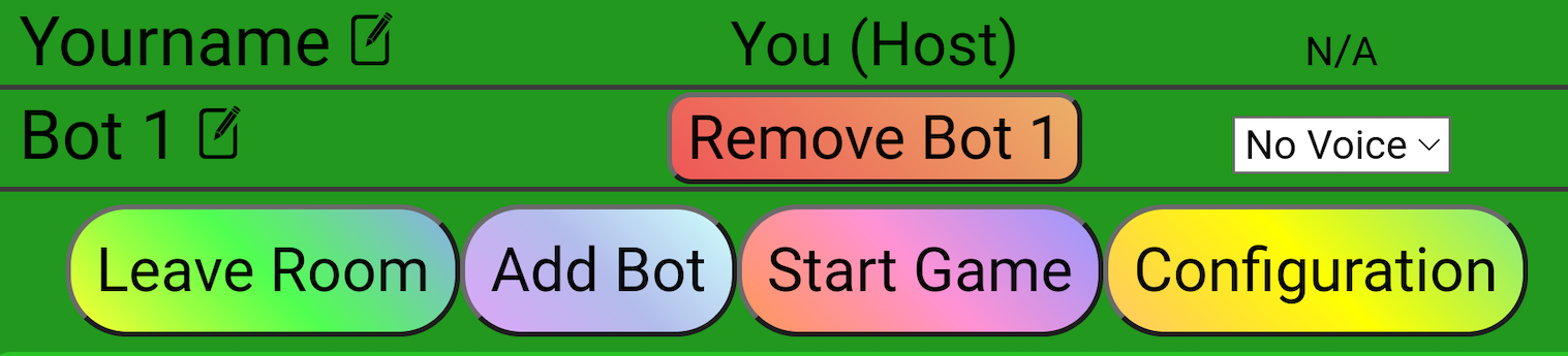 If you don’t have four players for a game, mahjong4friends.com has automated bots to play hands for the missing players. Mahjong 4 Friends will automatically add bots when the Start Game button is pressed, or the host can manually add bots