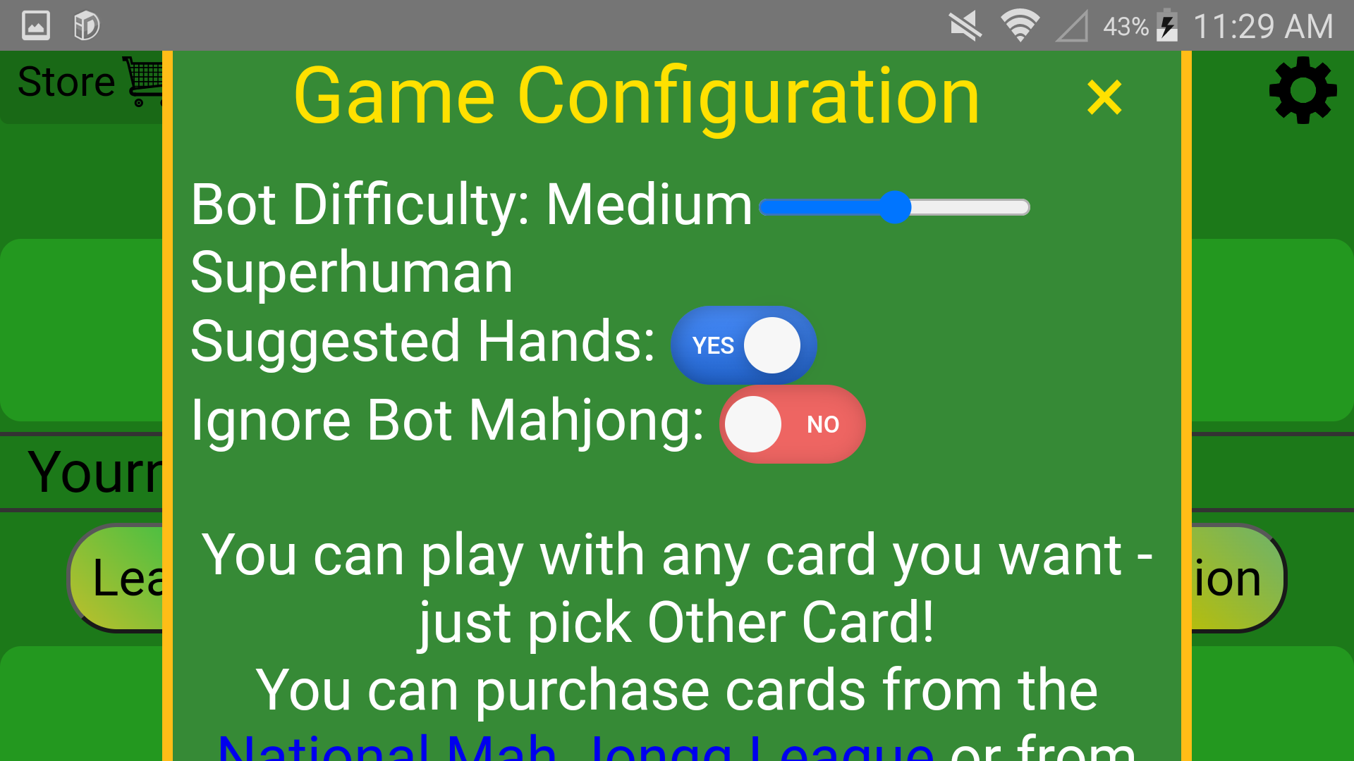 Select the Bot Difficulty using the sliding scale. The “Superhuman” bots play more combinations on the cards, whereas the easier settings don’t play as many combinations and are deliberately less optimized. Of course, luck is going to influence the bots also.