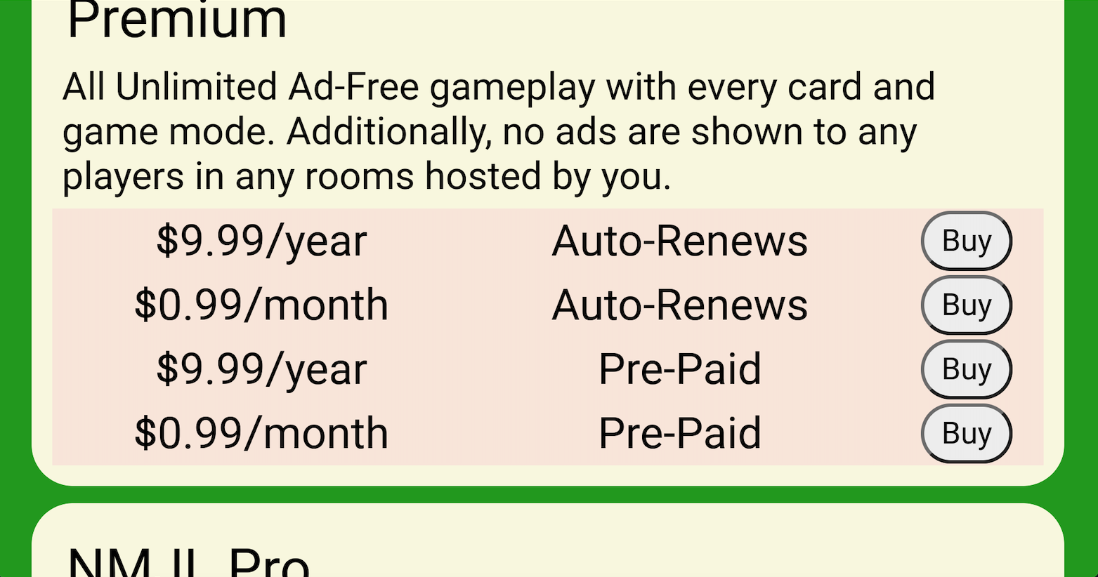 Scroll through the choices of Premium and Pro subscriptions