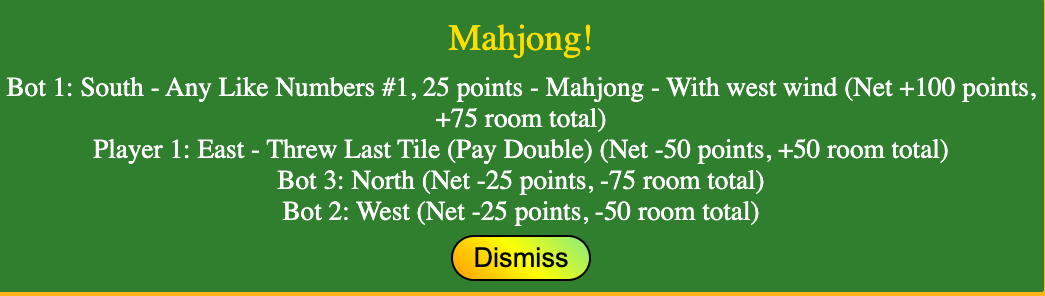 After the second game, the cumulative totals are updated as shown below. Bot 1 won the second game and netted 100 points, therefore Bot 1’s cumulative total is -25+100 = 75 points. Player 1 who won game 1 but threw the last tile in game 2 is now at 50 (100-50).