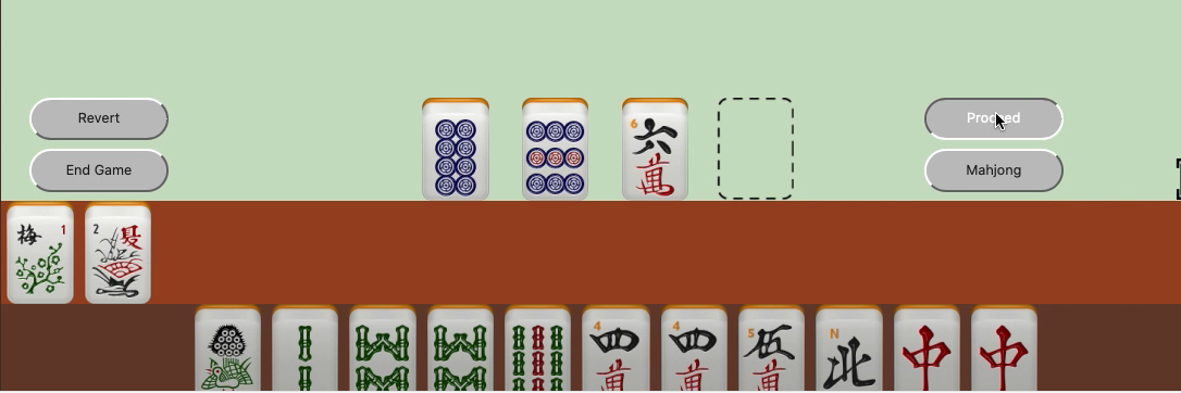 East wind taps 3 tiles to move them to the placemat area (instead of 1 tile) and hits “Proceed” to initiate the charleston