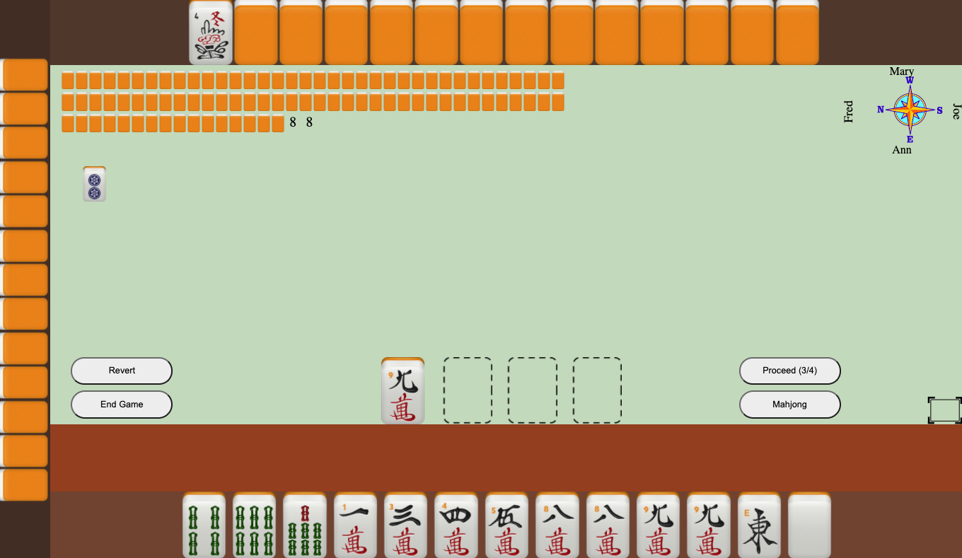 In this example, a player discarded an 8 character, as shown in the first box. You have two 8 characters in your hand, so you choose to pong.