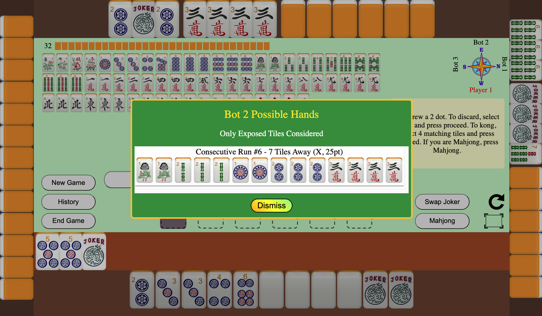American Mahjong includes both Suggested Hands based on your tiles and Possible Hands for your opponents based on their exposed tiles. The Suggested Hands button displays your potential hands and how many tiles you are away from each. Possible Hands that your opponents may be playing are available by clicking on your opponent(s) tiles. This is the same analysis that bots use and does not consider discarded tiles. If you want to ensure your game is played without anyone using these hints, select the box to Disable the Hints.