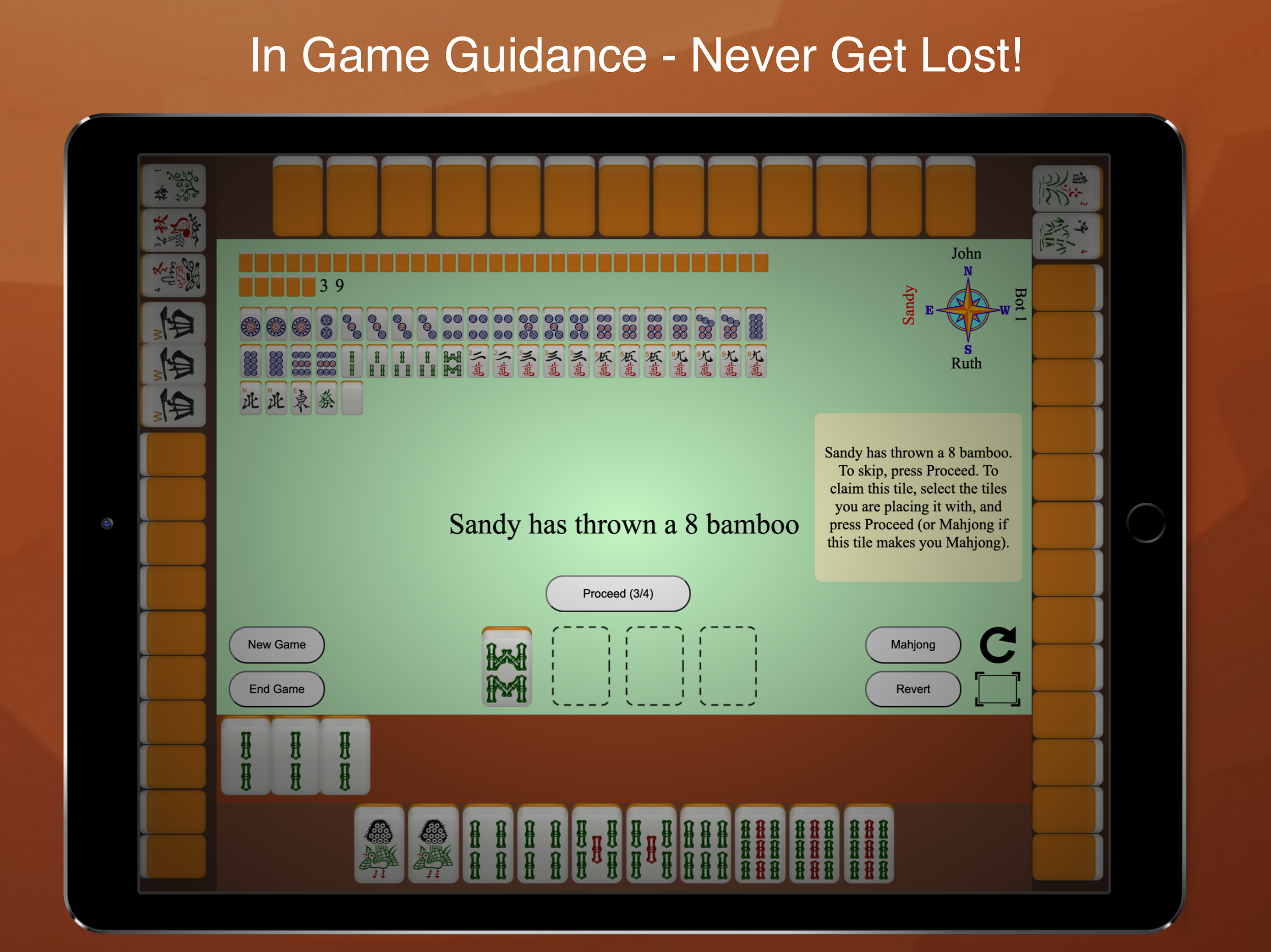 Your hand is always going to display at the bottom of the browser, as shown in Figure 1 below. As you expose tiles, they are shown to you immediately above your hand. The other players hands are shown along the side and top of the browser. As the other players expose tiles, they are shown face up in the same row as the concealed tiles.