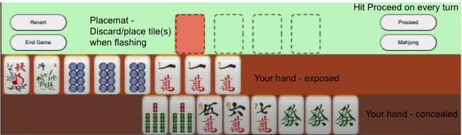 Mahjong 4 Friends Chinese Mahjong turn layout showing placemat, proceed button, and concealed hand